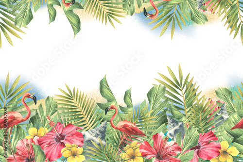 Leaves of tropical palm trees  hibiscus flowers  sea shells and pink flamingos on the background of the azure sea and sky. Watercolor illustration. Seamless border  a pattern from the CUBA collection