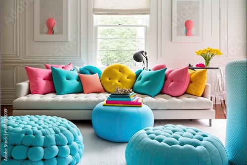 Bright and airy living room with a playful pop of color in the form of pillows and poufs generative ai