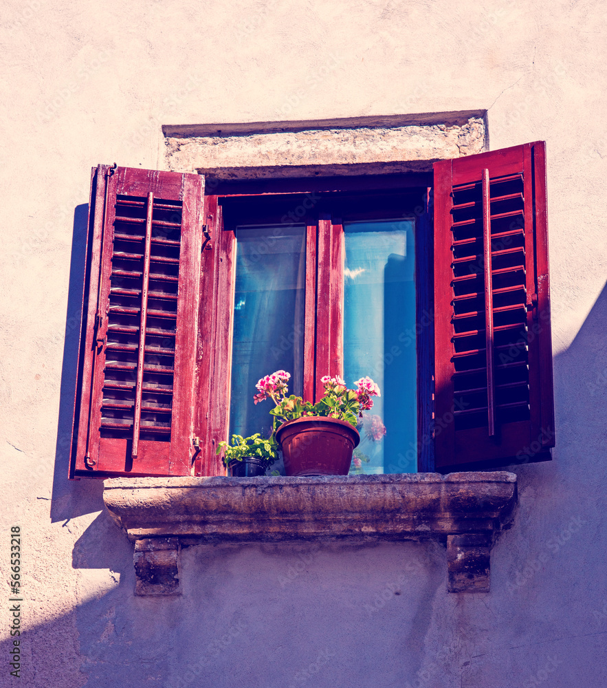 Facade of a house with a window with wooden shutters and a flower pot.