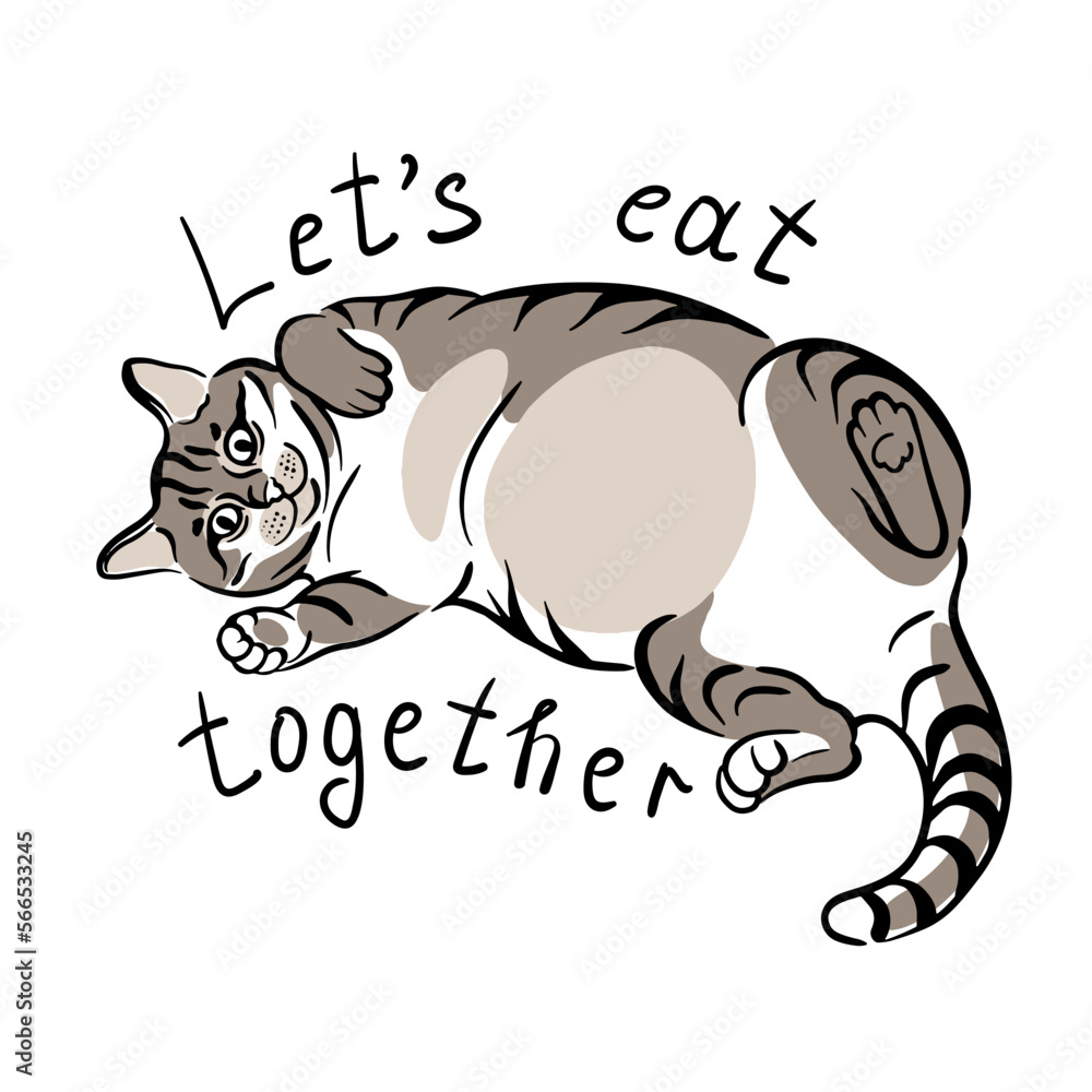 Naklejka premium Cheerful fat cat lettering let's eat together. Sticker,funny cat