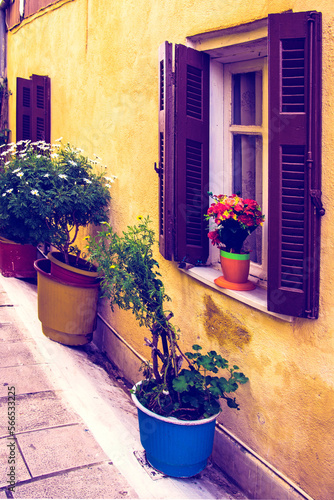 Obraz na płótnie Bright colorful optimistic street view on the waterfront in the capital of the island of Lefkada, Greece with flower vases. popular tourist attractions. amazing places. w salonie