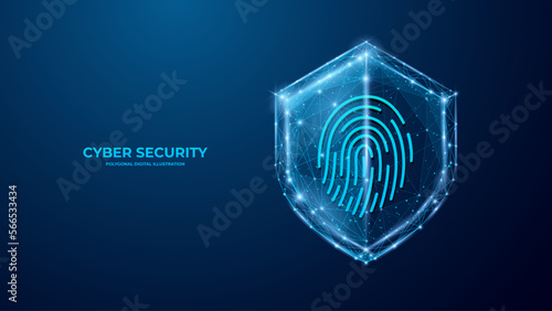 Cyber Security. Shield and Fingerprint. Polygonal digital concept of guard. Isolated technology vector illustration. 