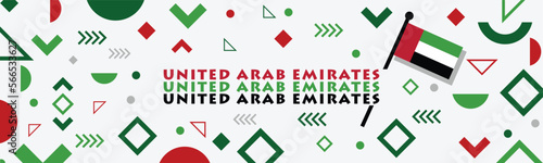 UAE national day banner for independence day. Flag of United Arab Emirates and modern geometric abstract design. Red green black theme. Country name in Arabic calligraphy. Dubai landmarks.
