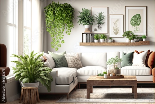 Comfortable and casual living room interior design with a large sectional, natural wood accents, and indoor plants 