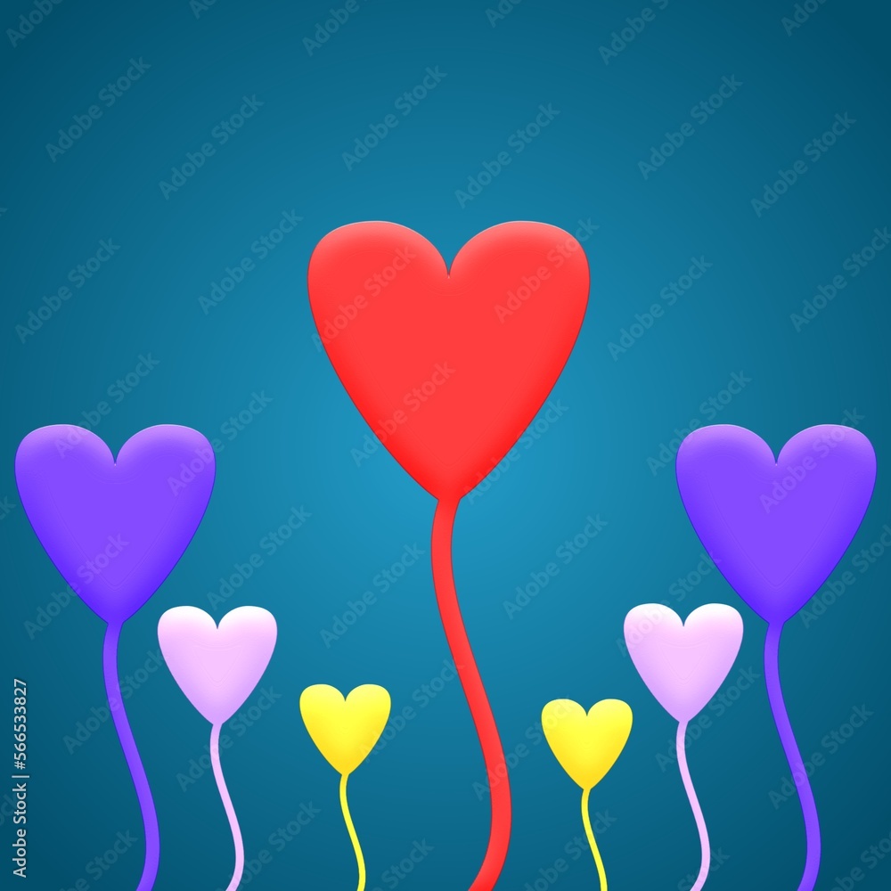 A 3D illustration multi-colores hearts flying on teal background. concept for valentines day