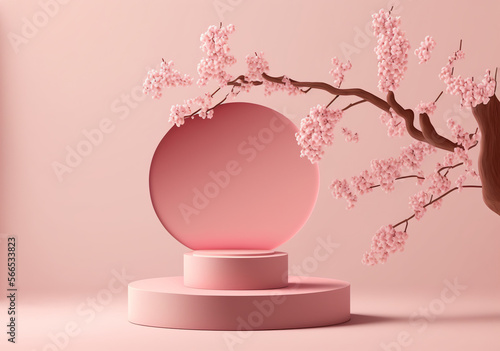 Pink Podium Display Sakura Pink Flower Background. Cosmetic or Beauty Product Promotion Step Floral Pedestal Generative Ai