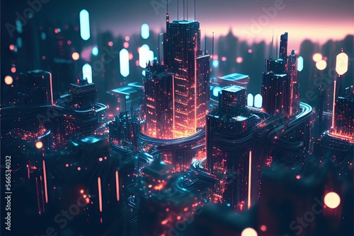 Abstract modern city in hologram. Technology background. Generative AI