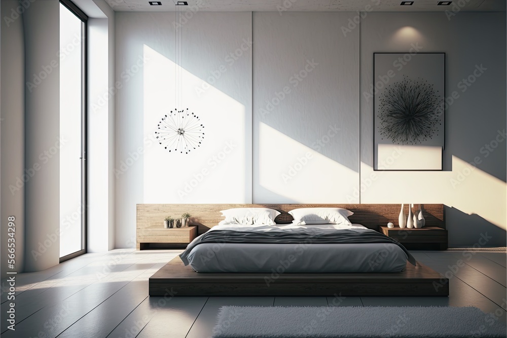Elegant minimalist bedroom interior with a platform bed and matching nightstands. Clean lines and neutral colors create a calming atmosphere generative ai Elegant minimalist bedroom interior with a platform bed and matching nightstands. Clean lines and neutral colors create a calming atmosphere generative ai