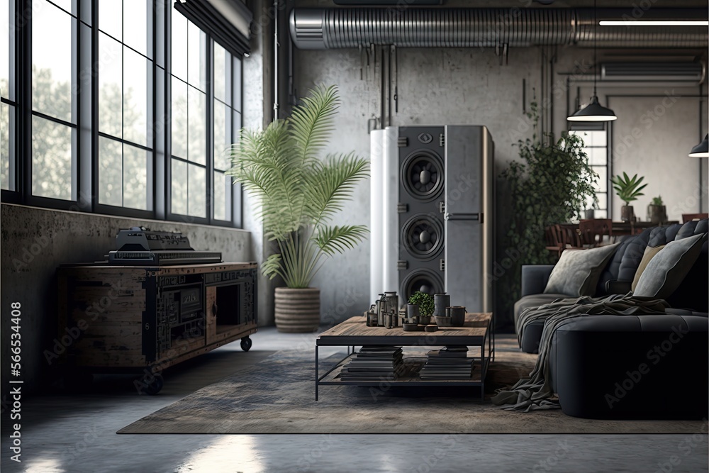 Image showcasing Industrial living room interior design with exposed ductwork, concrete ...