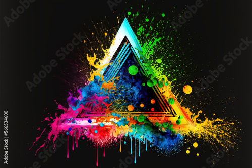 Triangle Happy Holi colorful background. Festival of colors  colorful rainbow holi paint color powder explosion isolated white wide panorama background.