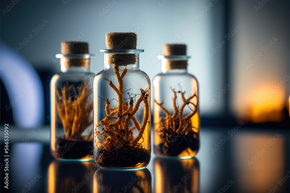 Discover the magic of nature with this beautiful image of cordyceps mushrooms in individual glass jars, glowing against a radiant background. A unique and captivating sight