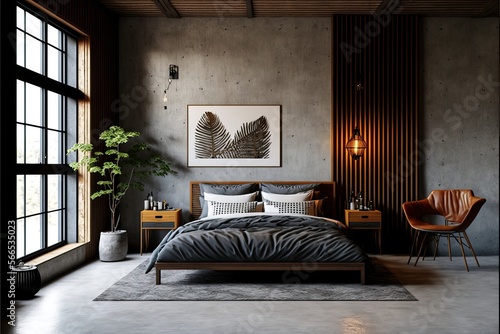 Modern industrial-style bedroom interior with concrete walls and a metal bed frame. The space is accented by warm wood tones and a geometric rug generative ai