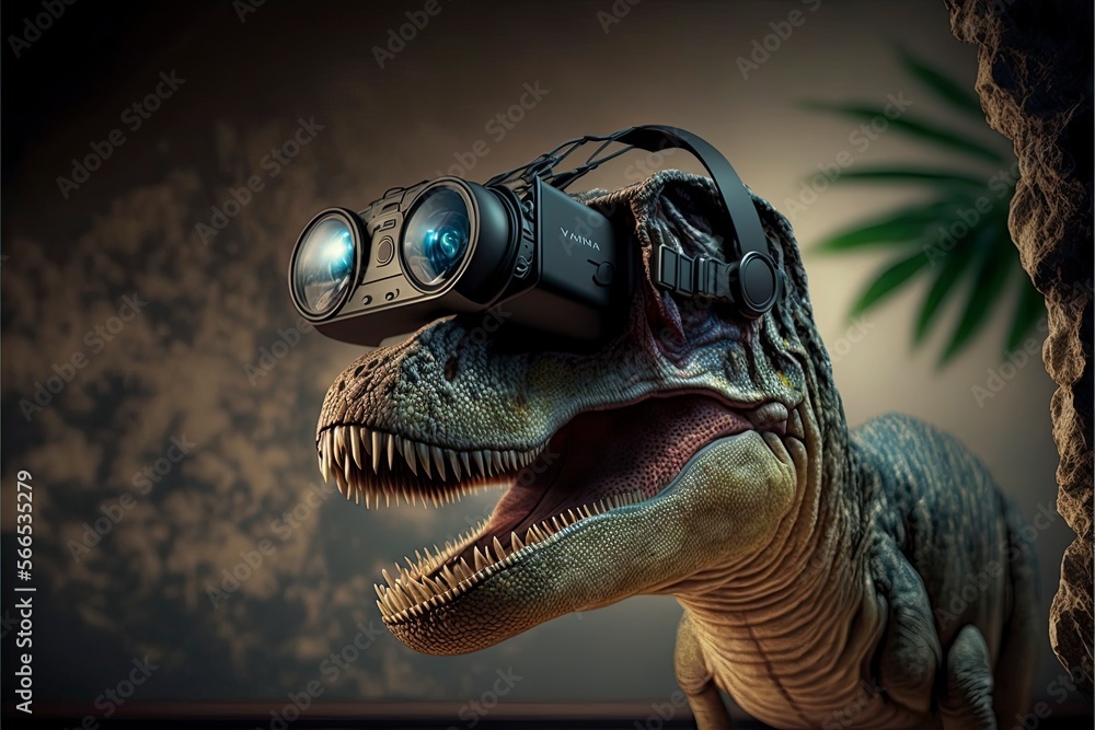 dinosaur in a room with a VR/AR headset Stock Illustration Adobe Stock