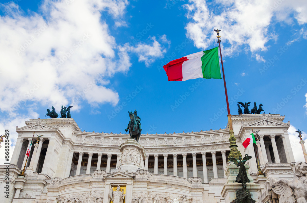 Italian flag on Vittoriano building. Rome, Italy. This monument is landmark of Italy.