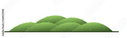 Meadows and hills. Landscape green summer. View of nature relief. Thickets of grass for pastures and farms. Cartoon fun style. Flat design. Isolated on white background. Vector