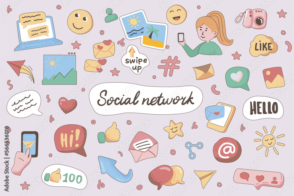 Social network cute stickers set in flat cartoon design. Collection of like, email, message bubble, emoticon, link, share, swipe, blog and other. Vector illustration for planner or organizer template