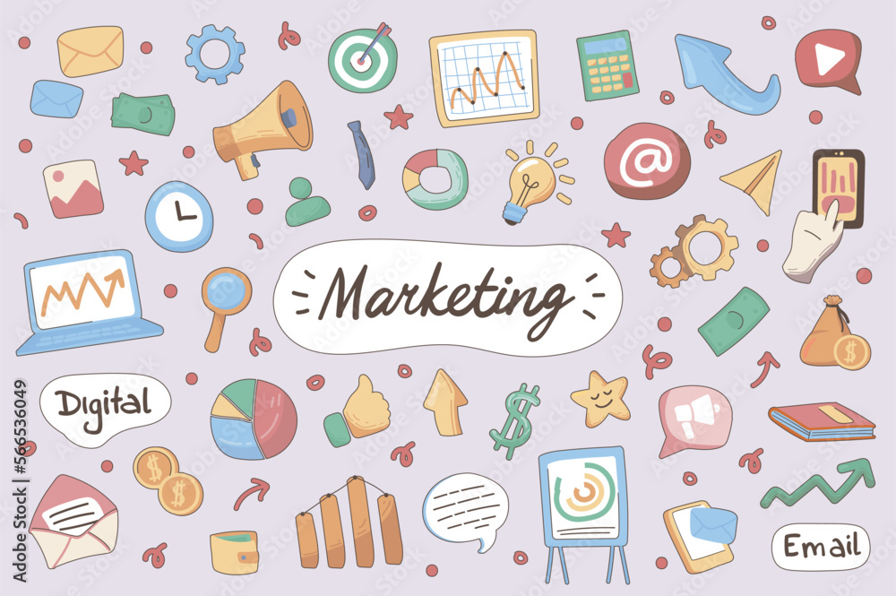 Marketing cute stickers set in flat cartoon design. Collection of strategy, megaphone, data analysis, diagram, email, laptop, target and other. Vector illustration for planner or organizer template