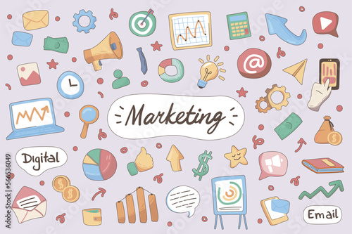 Marketing cute stickers set in flat cartoon design. Collection of strategy, megaphone, data analysis, diagram, email, laptop, target and other. Vector illustration for planner or organizer template