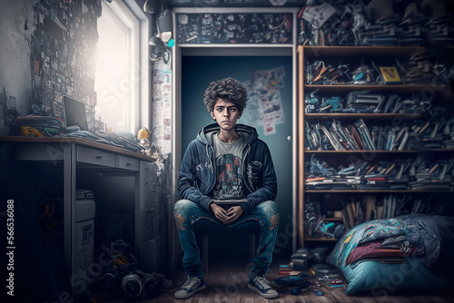 A teenager completely isolated in his little world - AI generative