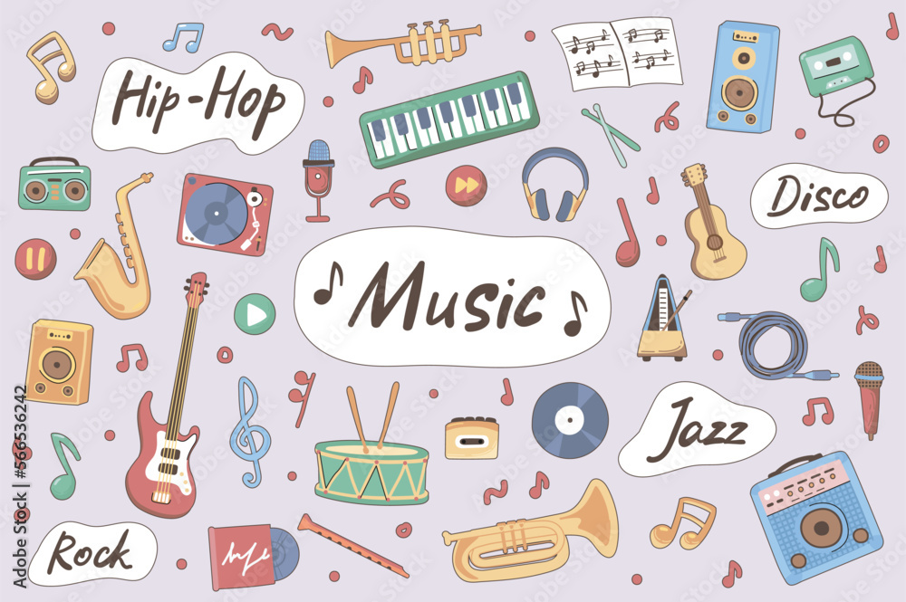 Music cute stickers set in flat cartoon design. Collection of jazz, hip hop, rock, disco, guitar, drums, trumpet, saxophone, piano and other. Vector illustration for planner or organizer template