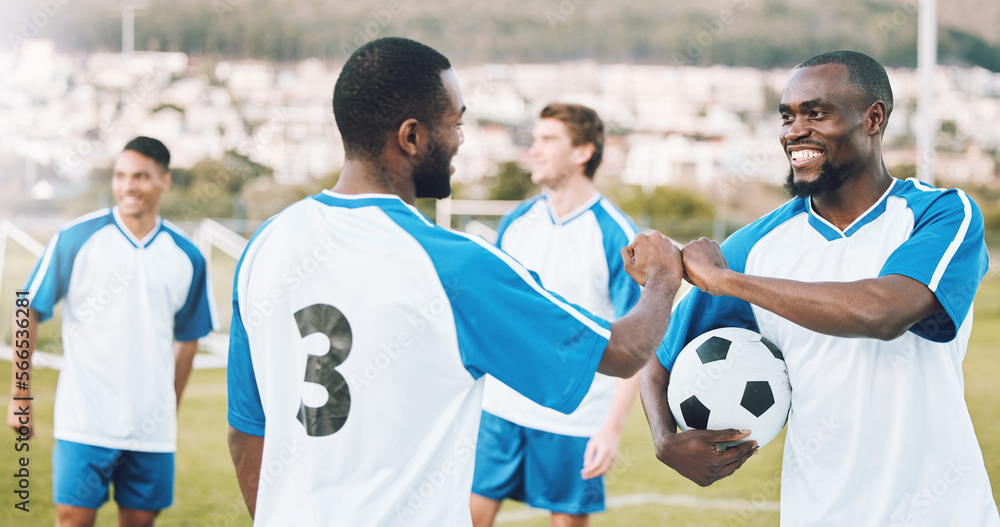 Fototapeta premium Fist bump, soccer team and fitness teamwork success of a sports group in training on a grass field. Football friends, support and exercise support with motivation outdoor for health workout and smile