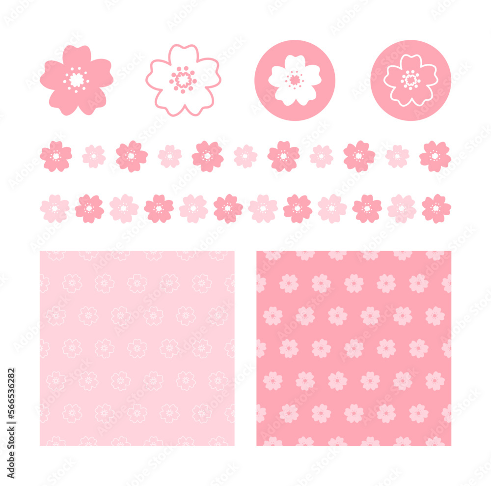 Japanese cherry blossom simple icons, borders, seamless pattern background. Marketing branding design elements vector illustration collection