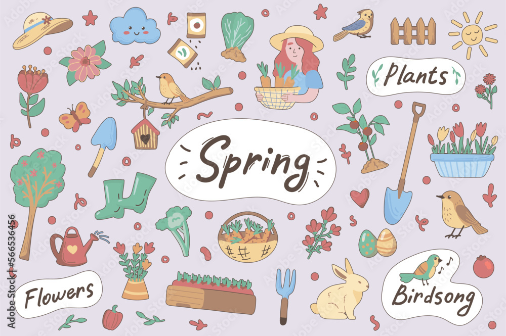 Fototapeta premium Spring cute stickers set in flat cartoon design. Collection of flower, plant, bird, song, bunny, vegetable, rubber boots, watering can and other. Vector illustration for planner or organizer template