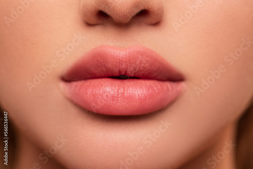 Beautiful lips Close-up. Makeup. Lip matte lipstick. Sexy lips. Part of face, young woman close up. perfect plump lips bodily lipstick.  peach color of lipstick on large lips. Perfect makeup.  photo
