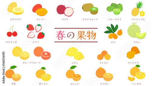 春が旬の果物のイラストセット。フラットなベクターイラスト。　Spring fruits material set. Flat designed vector illustrations.