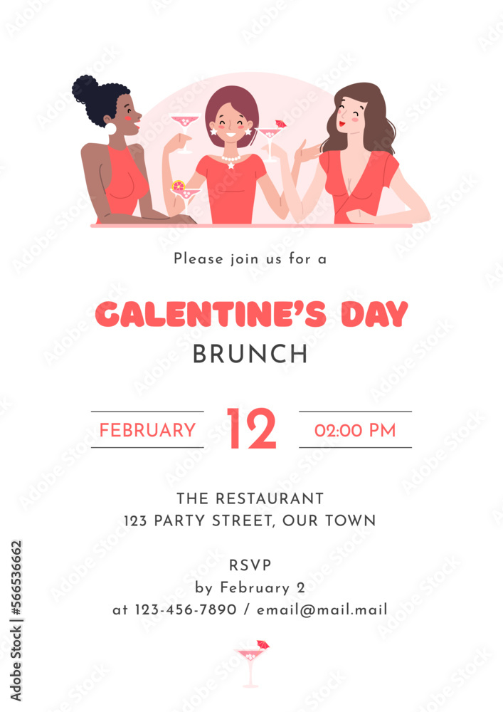 Galentine's Day party invitation template. Illustration of pretty young women talking and laughing together. Woman's friendship concept. Vector 10 EPS.