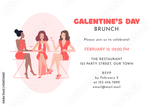 Galentine's Day party invitation template. Illustration of pretty young women talking and laughing together. Woman's friendship concept. Vector 10 EPS.
