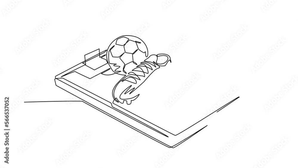 Animated self drawing of continuous line draw soccer shoes, soccer balls on smartphone screen. Smartphone with app soccer football. Mobile sport stream championship. Full length single line animation Animated self drawing of continuous line draw soccer shoes, soccer balls on smartphone screen. Smartphone with app soccer football. Mobile sport stream championship. Full length single line animation