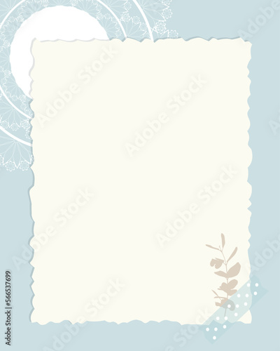 Empty blank collage vintage in scrapbooking and herbarium style, with lace doily, blue background. Vector illustration
