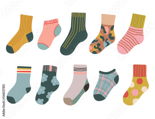 Collection of stylish cotton and wool socks of different texture isolated on white background. Set of fashion items of clothing. Modern set of clothes or clothes. Flat cartoon illustration.