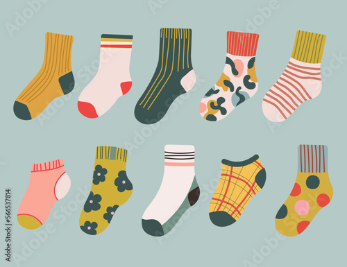 Collection of stylish cotton and wool socks of different textures isolated on a pastel background. Set of fashion items of clothing. Modern set of clothes or clothes. Flat cartoon illustration.