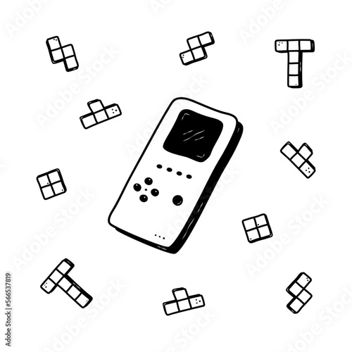 Retro game console hand drawn. Retro vibe doodle. Kids tetris portable console. Computer retro, arcade play concept. Vector illustration.