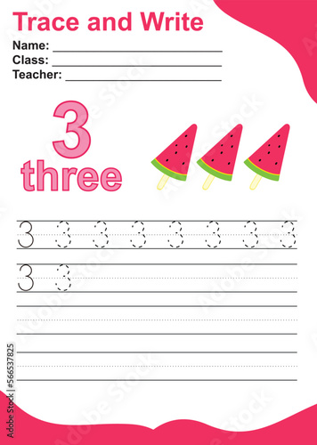 Number three tracing practice worksheet with three watermelon ice cream for kids learning to count and to write. Vector Illustration. Exercise for children to recognize the number.