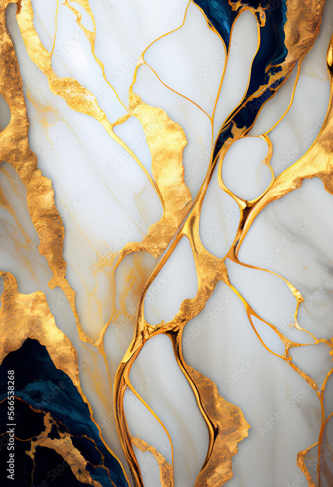 Abstract white and dark blue marble background with golden veins, marble stone texture pattern design for wall and floor tile.