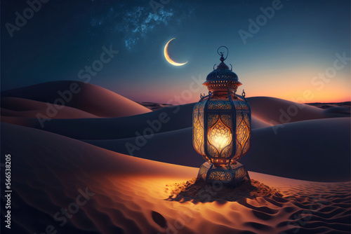Islamic muslim holiday background with golden eid lamp in the desert with moonlight. Generative AI