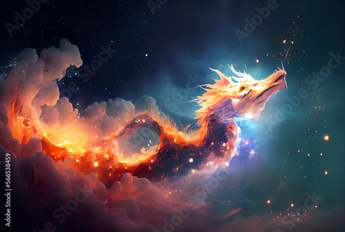 Fire and ice with Galaxy Dragon inspired by Asian culture, Blue and Orange Paint Style, © Manuel