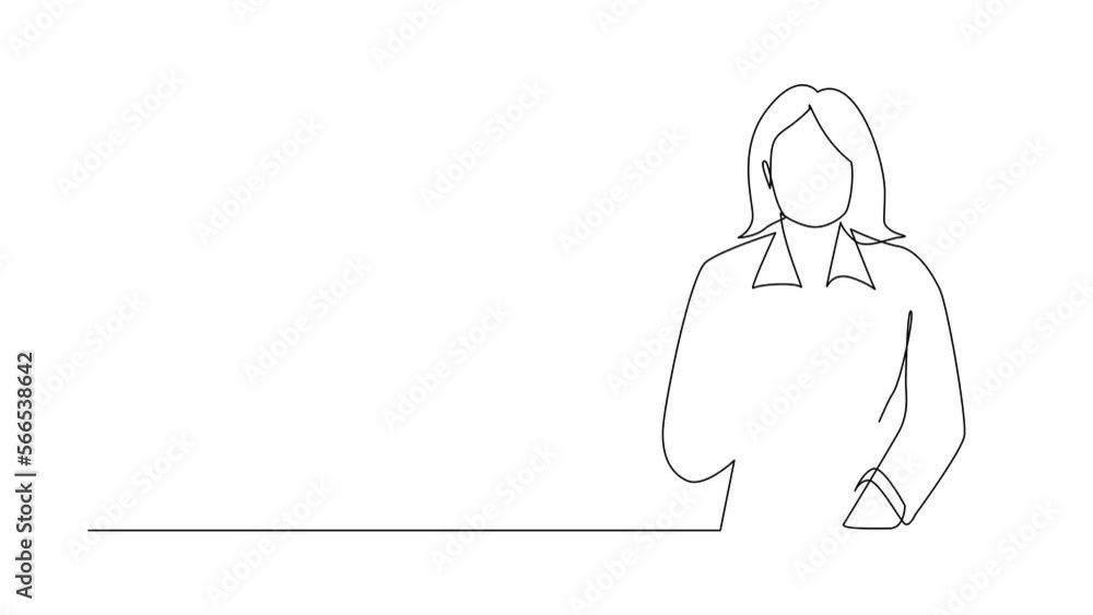 Self drawing animation of single line draw young woman keeping hands on chest. Smiling friendly female expressing gratitude. Emotion, body language concept. Continuous line draw. Full length animated Self drawing animation of single line draw young woman keeping hands on chest. Smiling friendly female expressing gratitude. Emotion, body language concept. Continuous line draw. Full length animated