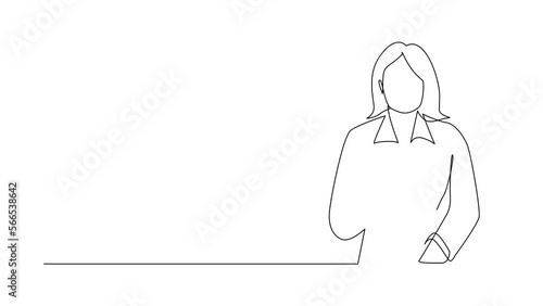 Self drawing animation of single line draw young woman keeping hands on chest. Smiling friendly female expressing gratitude. Emotion, body language concept. Continuous line draw. Full length animated