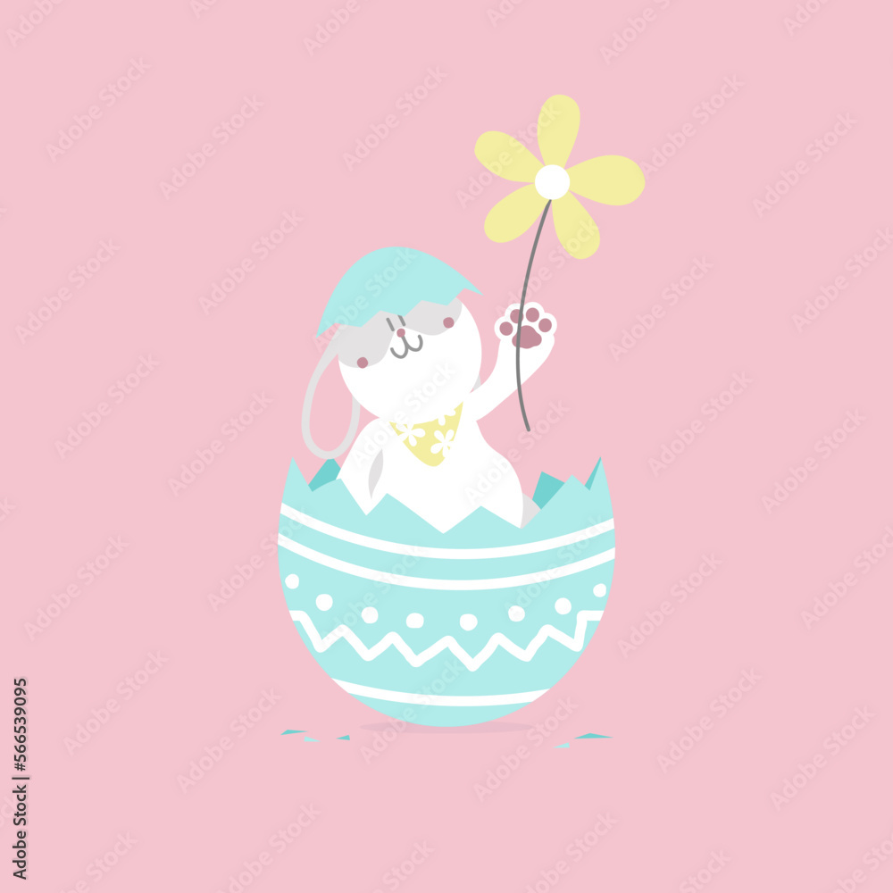 Fototapeta premium happy easter festival with animal pet bunny rabbit and egg, pastel color, flat vector illustration cartoon character