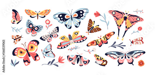 Beautiful butterflies. Exotic flying moths, winged insects, flowers, plants, ...