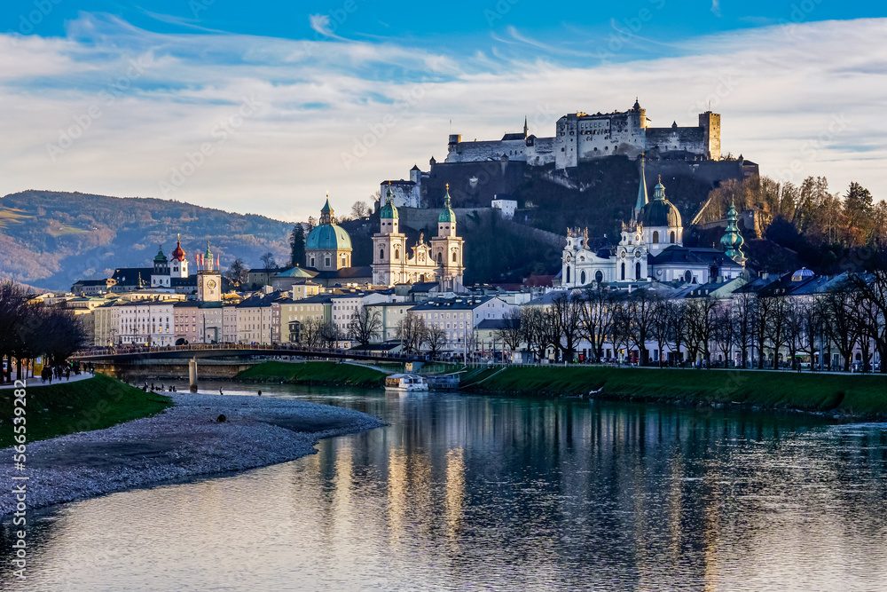 The River Salzach glitters in winter as it flows through Salzburg