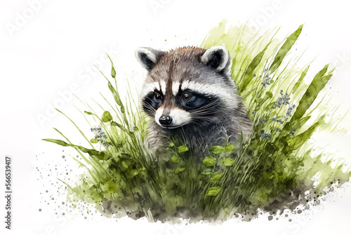 Little Raccoon hiding in grass. Watercolor painting. Generative AI