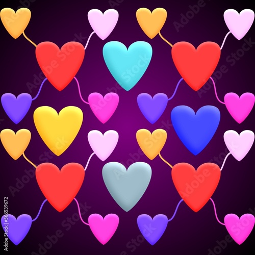 A 3D rendering multicolored hearts shape on dark purple background. for Valentine s day