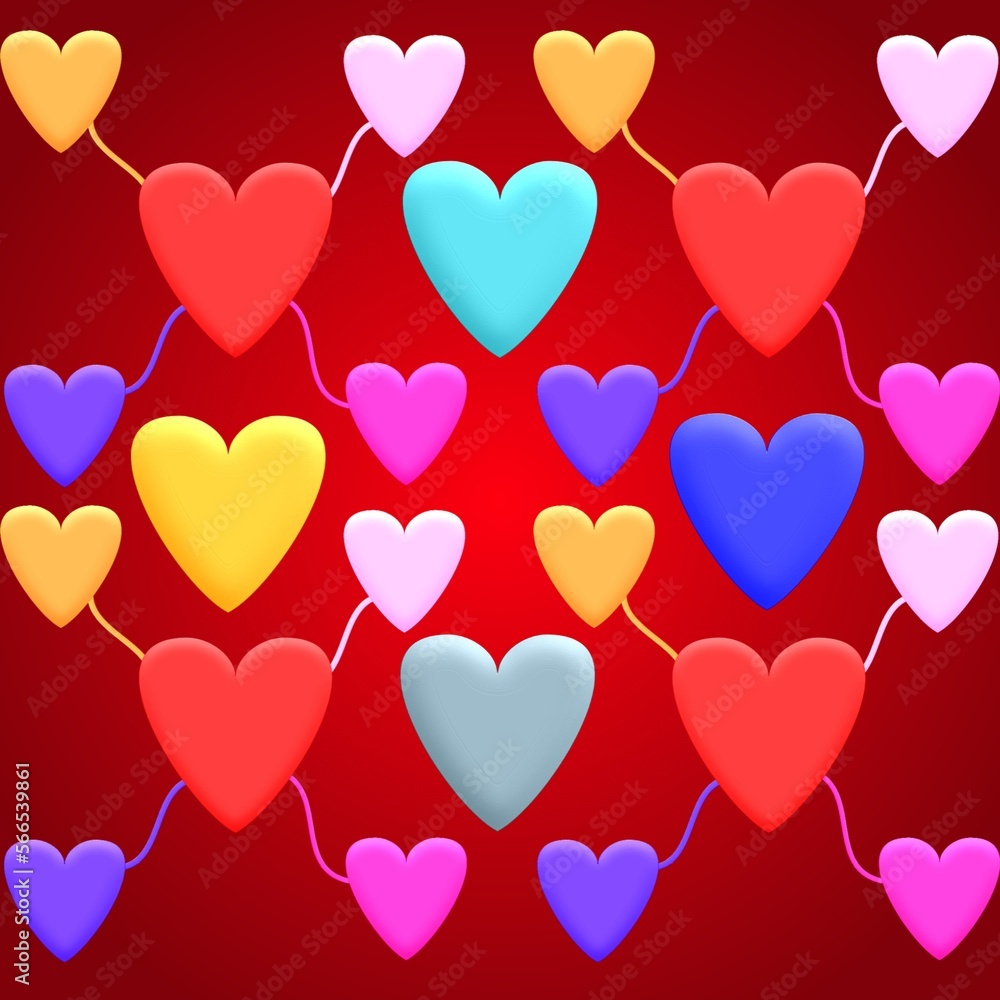 A 3D illustration multicolored hearts shape on lite red background. for Valentine's day