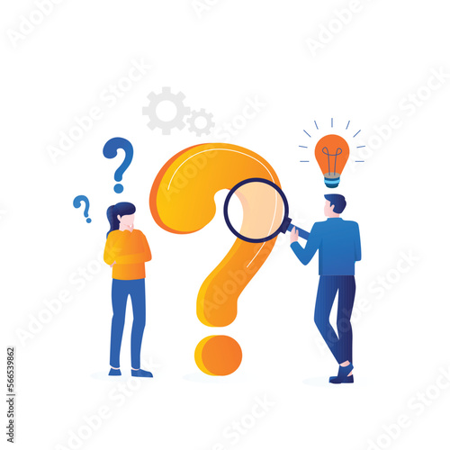 Asking Business question mark characters male and female Ideas bulb glowing setting icon orange and blue