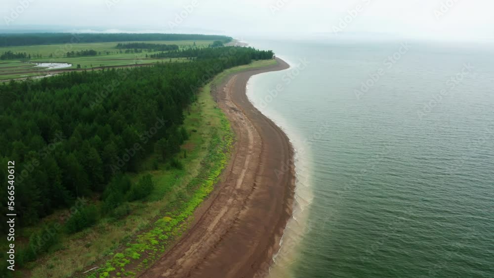 A green forest stands on the seashore. Behind you can see the swampy terrain. Aerial photography of cloud landscapes. A green forest stands on the seashore. Behind you can see the swampy terrain. Aerial photography of cloud landscapes.